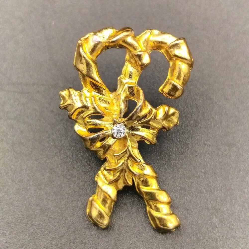 Vintage Gold Tone Candy Cane Bow Brooch Pin Clear Rhinestone Holiday Christmas